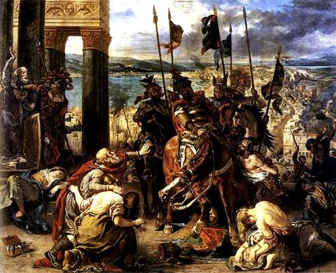 Эжен Делакруа написал в 1840 году картину «Вход крестоносцев в Константинополь». Завоеватели не радуются победе; на первом плане — ужасные последствия военных действий  