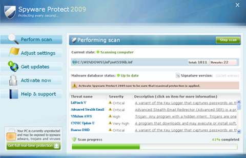 Так выглядит главное окно FraudTool.Win32.SpywareProtect2009  