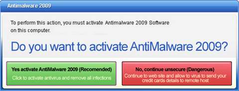 Окно с предложением активировать фальшивый антивирус, выведенное FraudTool.Win32.AntiMalware2009  