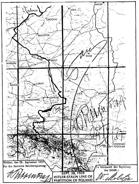 Подписи-визы Сталина и Риббентропа на секретной карте-приложении к советско-немецкому Договору о дружбе и границе, 28 сентября 1939 г.