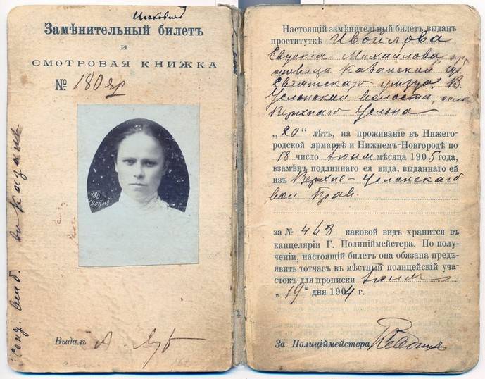 Удостоверение проститутки на право работы на Нижегородской ярмарке на 1904-1905 годы.