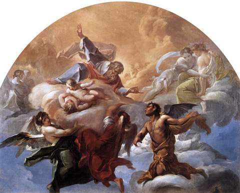 Коррадо Джакинто (Corrado Giaquinto, 1703–1766). Сатана перед Богом (1750). Картина известного неаполитанского художника показывает начало и конец бунта на небес