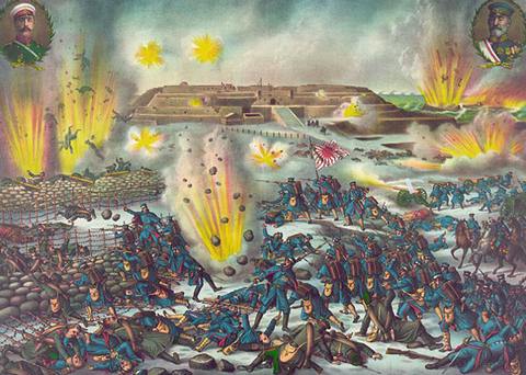 Японцы атакуют Порт-Артур. Особенно тяжёлые бои шли за гору Высокую, которая пала 22 ноября 1904 года. Заняв Высокую, японцы приступили к обстрелу города и гавани из 11-дюймовых гаубиц. Иллюстрация: Kurz & Allison. изархива Библиотеки Конгресса США