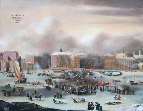 Лондонская ярмарка на льду Темзы. Зимы в 1680-х были настолько суровыми, что река схватывалась рано, а лед был прочным. Иллюстрация (Free Art License): Rita Greer