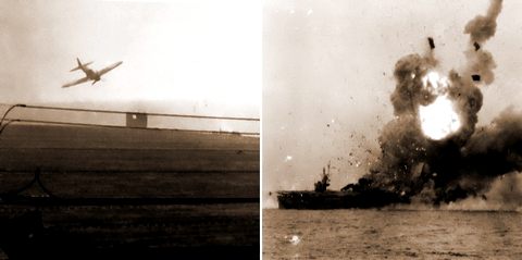 ​Слева «Зеро» завершает атаку на эскортный авианосец «Уайт Плейнс» у острова Самар. Лётчик немного промахнулся, но близким разрывом корабль все же был повреждён. Справа поражённый камикадзе эскортный авианосец «Сент Ло». Полчаса спустя корабль перевернулся и затонул. Оба снимка сделаны 25 октября 1944 года. - Цвета военного неба: камикадзе — «божественный ветер» отчаяния | Военно-исторический портал Warspot.ru