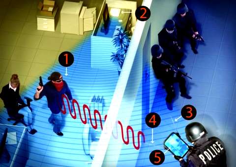 По мнению разработчиков, такой радар может пригодится для анализа действий террористов в захваченных ими зданиях. Правда, тем ничто не мешает заставить заложников ходить взад-вперёд, дезориентируя антитеррористов. (Иллюстрация Kevin Hand.)