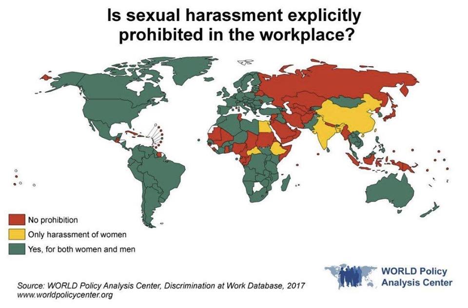 Чи заборонені сексуальні домагання на робочому місці? Червоний — ні. Жовтий — лише по відношенню до жінок. Зелений — заборонені.