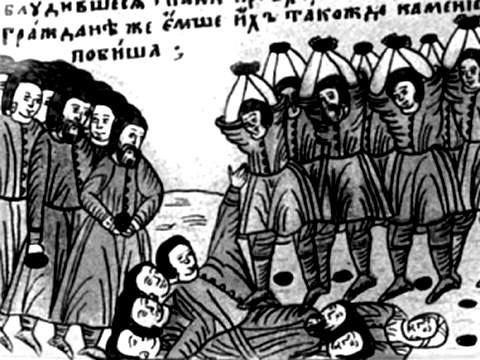 Горожане побивают убийц царевича Дмитрия камнями. Миниатюра из рукописного Жития, Фото с сайта lib.ec