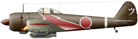 ​Ki-43-III-Ko, на котором летал командир 10-го хакко-тая «Дзюнги» тюи (старший лейтенант) Синдзи Цуруга (Shinji Tsuruga). Лётчики отряда с 21 декабря 1944 по 7 января 1945 гг. участвовали в четырёх операциях на Филиппинах. К сожалению, нет данных о том, в какой из них погиб командир части. Самолёт показан в коричневом варианте стандартной заводской окраски 1944 года (альтернативой были зелёная и оливковая краски) при светло-серых с зелёным отливом нижних поверхностях. На борту кабины командирское «пламя», перед оперением белая «боевая полоса», а на руле направления кана «Цу» – «инициал» пилота. Для Ki-43, Ki-61 и Ki-84 в частях камикадзе практиковалось несимметричная подвеска из 250-кг бомбы на одном под крыльевом пилоне и бензобака на другом. - Цвета военного неба: камикадзе — «божественный ветер» отчаяния | Военно-исторический портал Warspot.ru