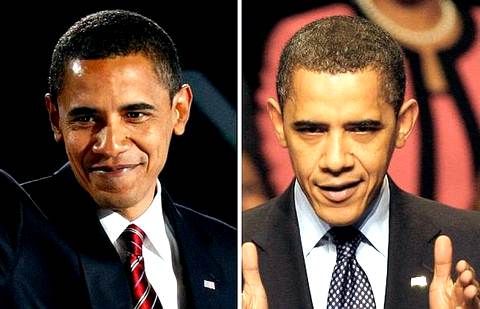 Барак Обама накануне выборов 2008 года и в ноябре 2009-го. Тяжела ты, шапка Мономаха!