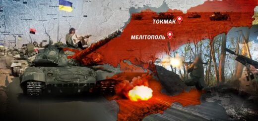 Колаж із використанням зображень військової техніки та мапи з позначенням окупованої частини півдня України