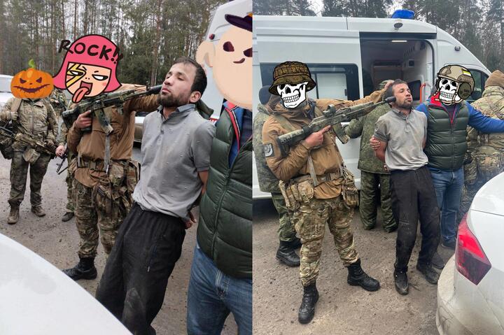 Снимки, опубликованные с подписью "сотрудники спецназа ФСБ с будущим абонентом ТА-57". Фото: Telegram / okspn