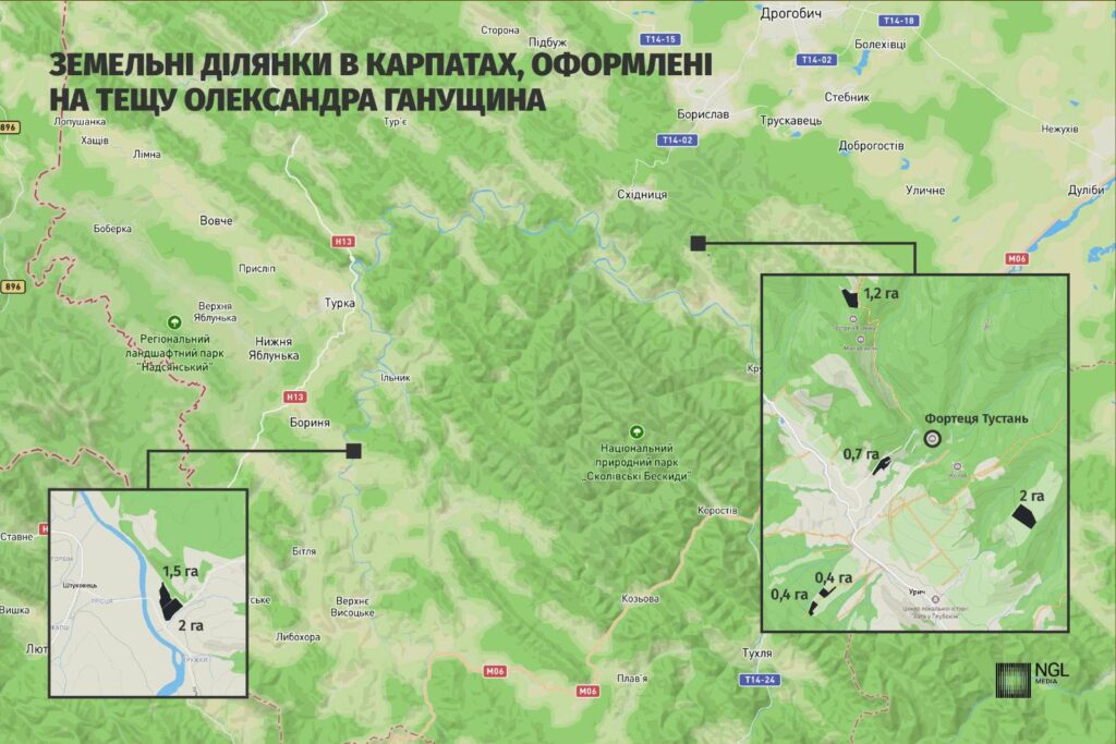 Земельні ділянки в Карпатах, оформлені на тещу Олександра Ганущина (інфографіка)