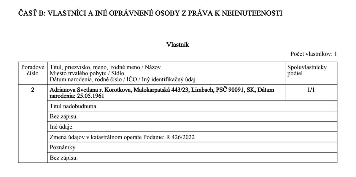 Скриншот выписки из кадастрового реестра Словакии