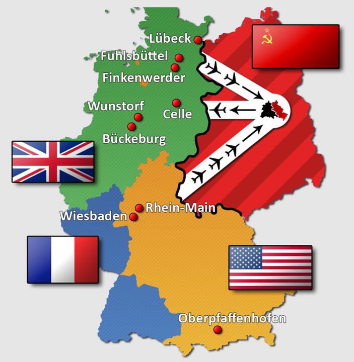 Воздушные коридоры над советской оккупационной зоной Германии, которые СССР был обязан предоставить для полетов западных самолетов в Западный Берлин. Карта: Leerlaufprozess, CC BY-SA 3.0, commons.wikimedia.org