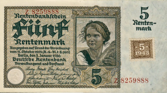 Пять марок 1948 года. Введение новой валюты в Западном Берлине стало поводом для установки советской блокады вокруг города. Фото: Deutsche Rentenbank - Privatsammlung, Gemeinfrei, commons.wikimedia.org