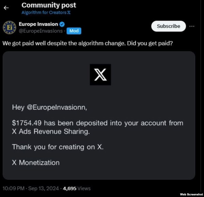 Europe Invasion публічно опублікували інформацію про дохід, отриманий від функцій монетизації мережі X