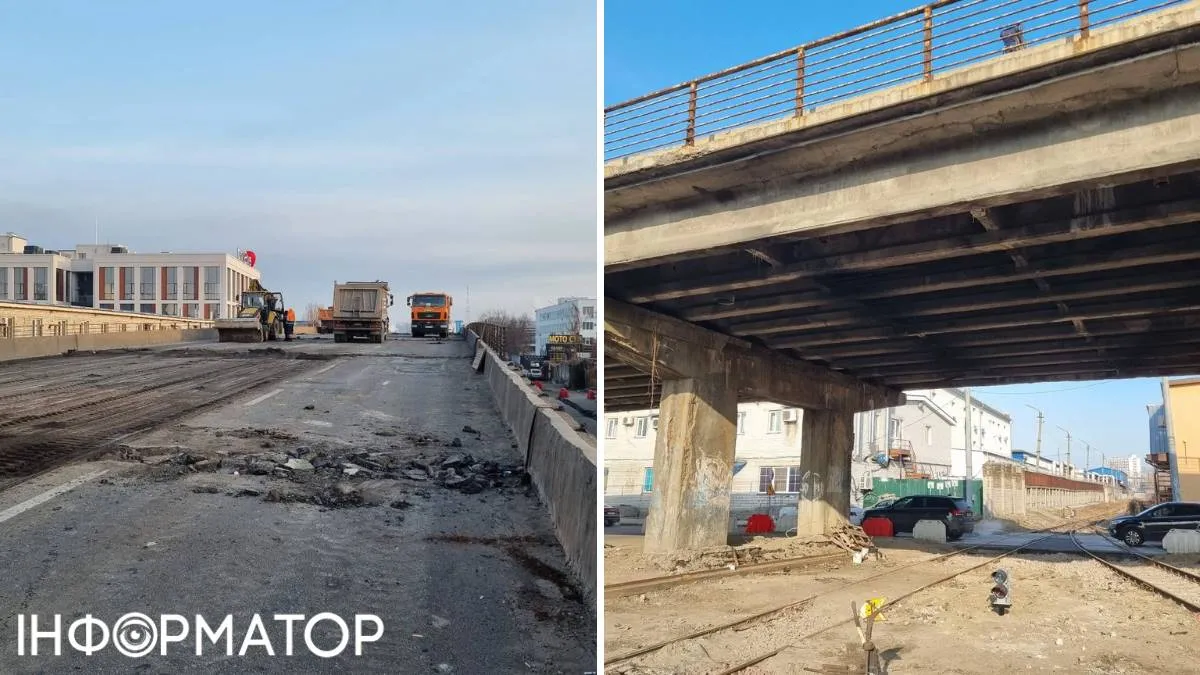 Поки мостом туди-сюди курсують вантажівки, що вивозять дорожне покриття, об'їзний рух організовано просто під ним, через залізничну колію. Фото: Facebook Павло Авдокушин