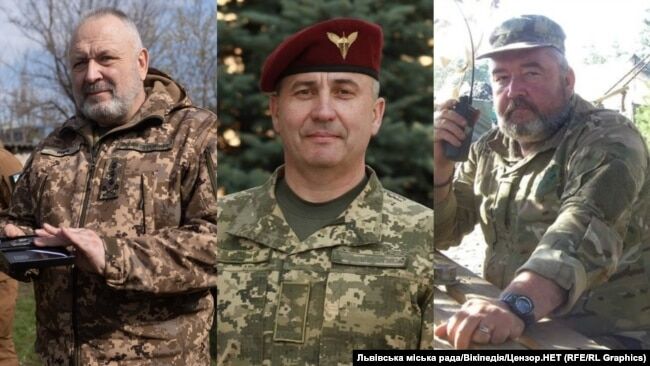 Екскомбриг 125-ї бригади ТрО генерал-лейтенант Артур Горбенко, екскомандувач ОТУ «Харків» бригадний генерал Юрій Галушкін, екскомандир 415-го батальйону 23-ї ОМБр полковник Ілля Лапін (зліва направо)