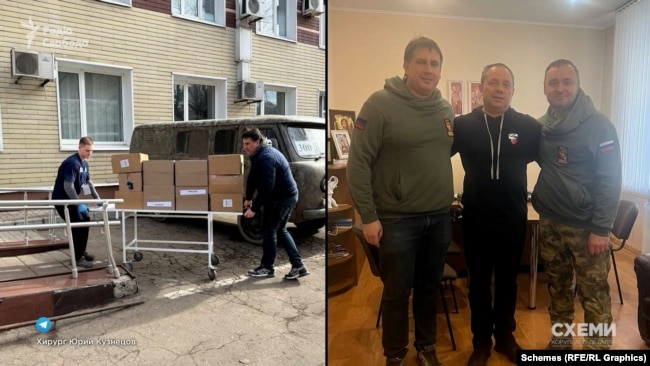 Кузнєці та Крячко розвантажують гуманітарну допомогу біля хірургічного корпусу ДОКТМО та фотографуються з Іваном Плахотніковим