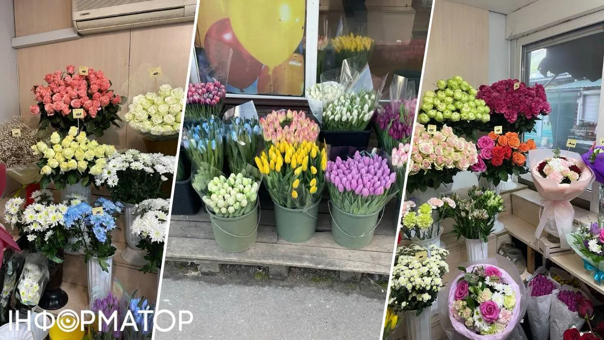 Асортимент квітів у "консервативній" крамничці: є й маленькі тюльпани, і пишні хризантеми, й дорогі рози, а ще, - непогано розходяться дорогі букети за 1500-2200 грн