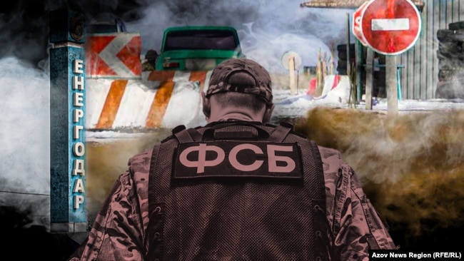 Заборона ФСБ їхати в Енергодар в окупованій частині Запорізької області України. Колаж