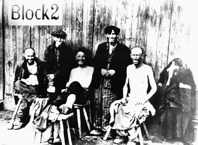 В'язні концтабору "Ноєнгамме" після звільнення, 1945