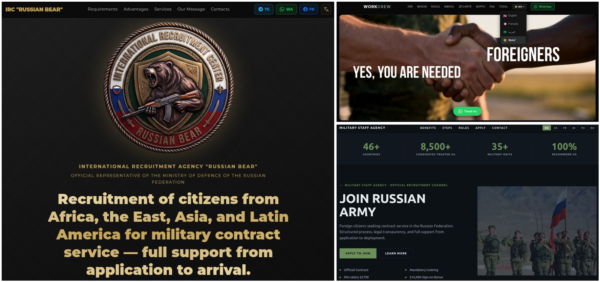 Collage of website screenshots: Russian recruitment emblem, handshake, soldiers (AI generated description)