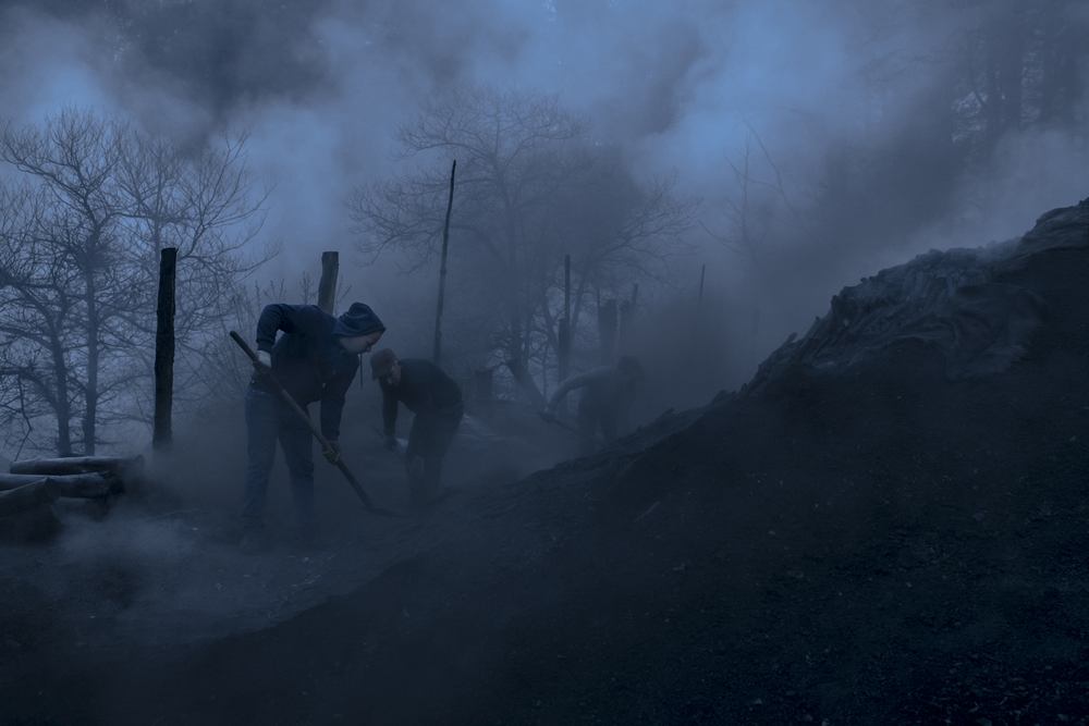 Вугільні пальники збирають деревне вугілля з традиційної вуглевипалювальної печі, яка згасла та охолонула на підприємстві Carbon Sud у Серра-Сан-Бруно