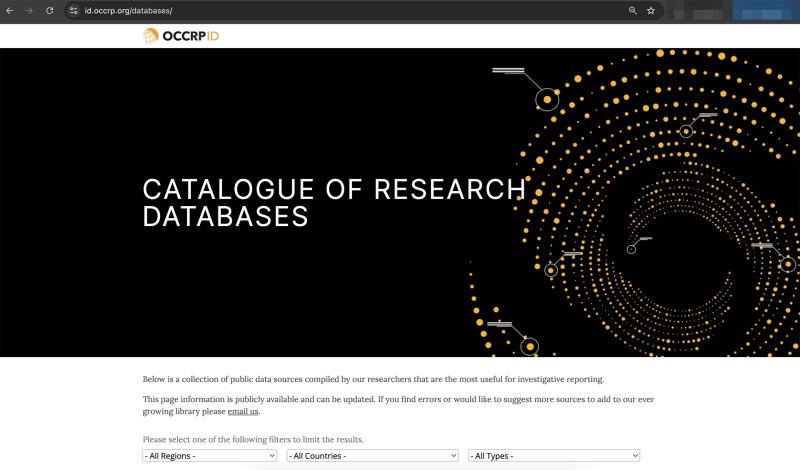 Джерело: Скріншот/id.occrp.org/databases/ Команда OCCRP з досліджень та даних веде каталог дослідницьких ресурсів із посиланнями на бази даних з усього світу.