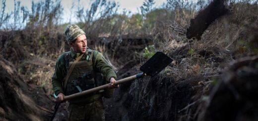 Украинский военный копает окоп на запасных позициях в зоне потенциального разведения войск, Богдановка
