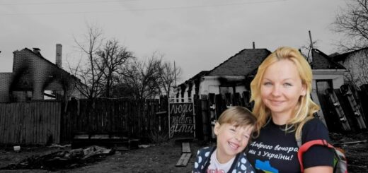 Ілюстративний колаж: фото Анни з Міланою, на фоні — одне зі звільнених сіл Київщини, зняте журналісткою Громадського радіо Настею Горпінченко