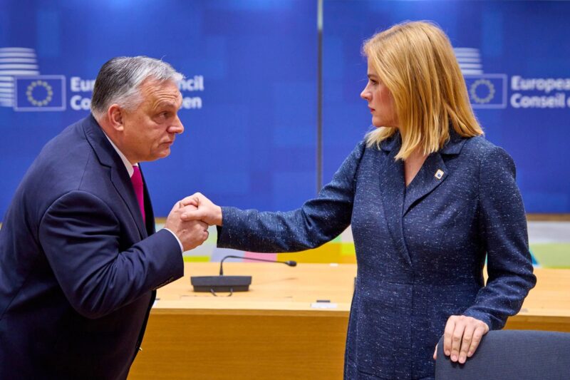 Una Bergmane @UnaBergmane "If looks could kill or Latvian and Hungarian prime ministers meeting in Brussels" Oil on canvas, 2023