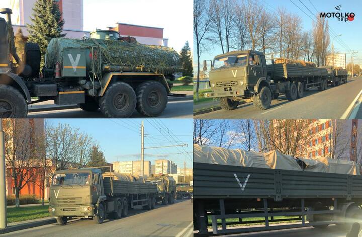 Колонны российской военной техники с обозначением буквами V на одной из улиц Гомеля. Нападение на Чернобыльскую АЭС, а также атака на Киев и окрестности были произведены с территории Беларуси. Группировка российских войск, напавшая на Украину, два месяца снабжалась оружием и припасами с территории Беларуси. Снимок сделан 27 апреля 2022 года. Фото: телеграм-канал «Беларускі Гаюн» 