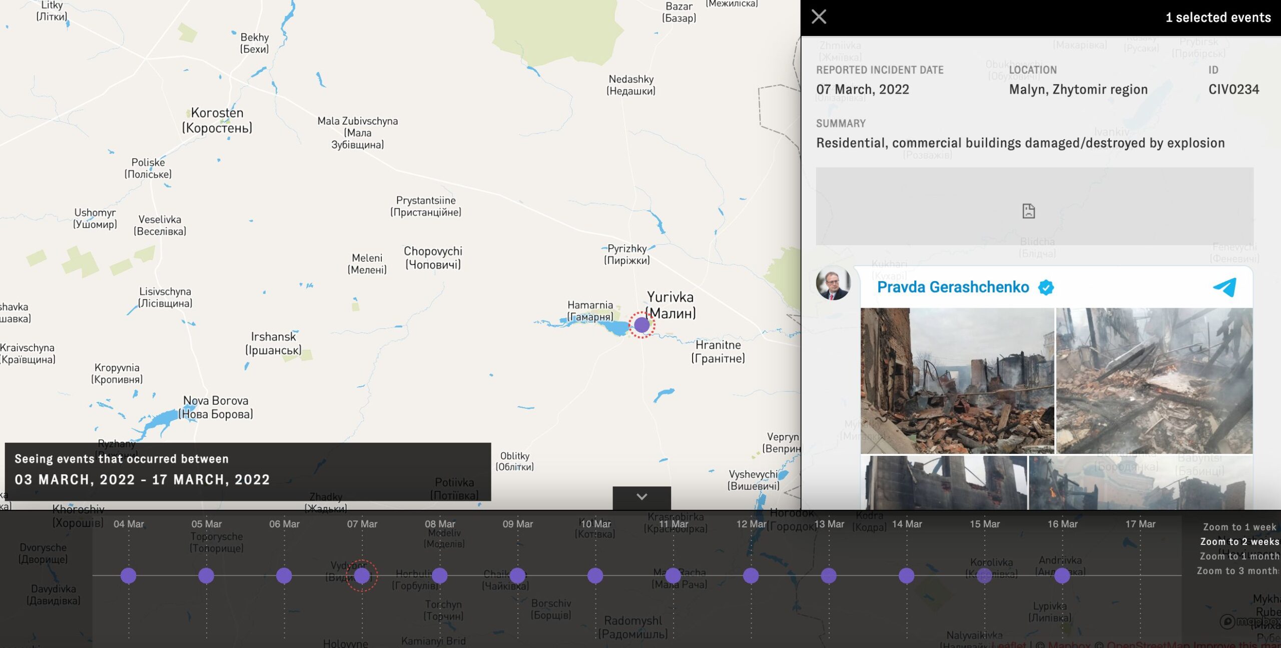 Скриншот TimeMap, где выделен конкретный инцидент. Снимок Bellingcat